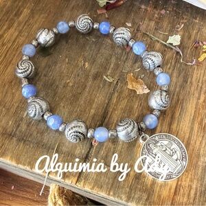Saint Benedict medal silver statement bracelet with aquamarine